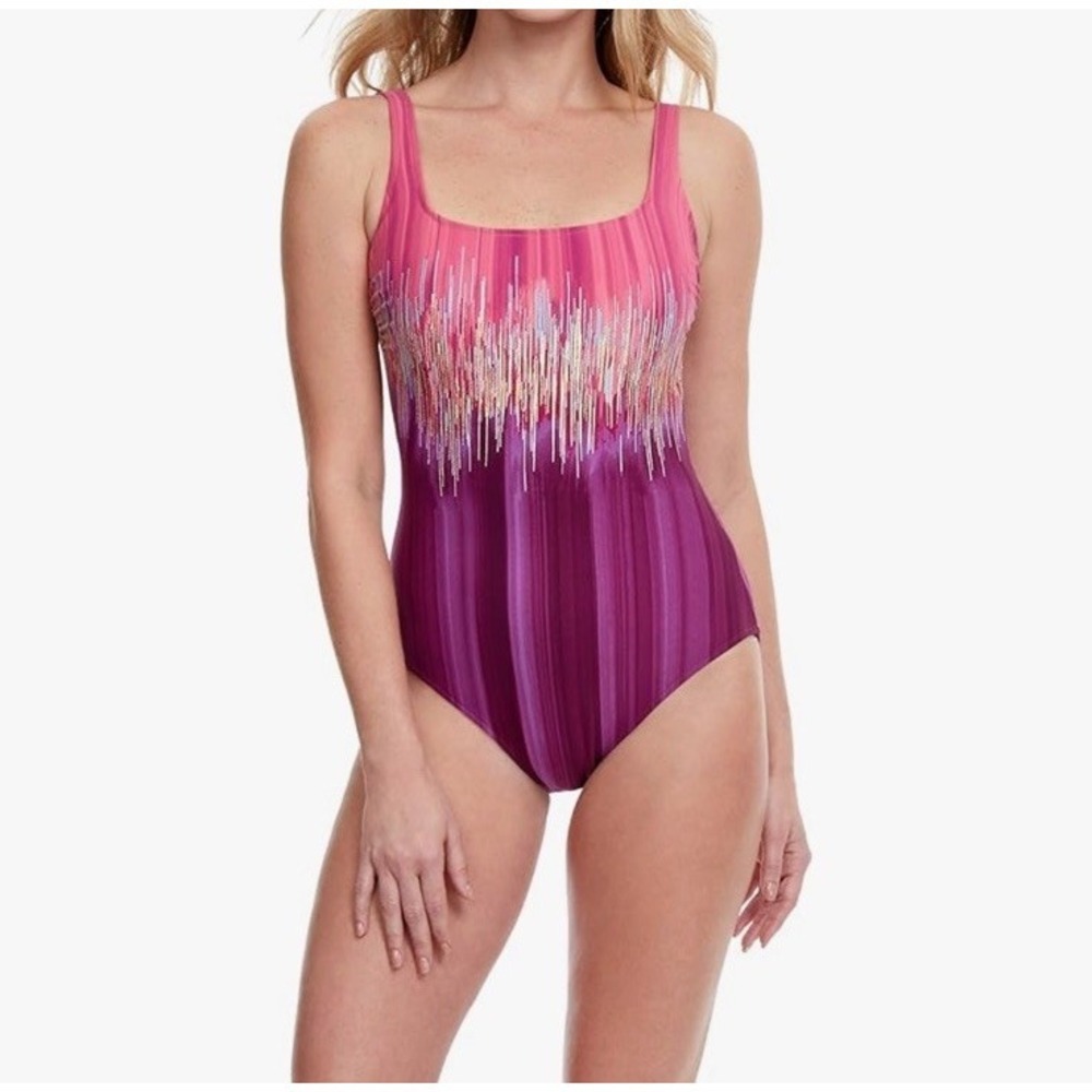 Gottex Moroccan SkySquare Neck One Piece Swimsuit‎ Size 6 Plum Multicolor